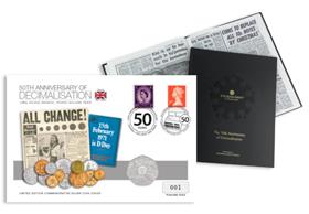 UK Silver Decimal Day 50p Coin Cover with Commemorative Newspaper Book